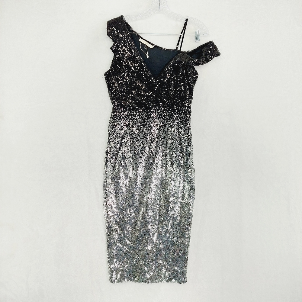 Allyson Black Silver Sequin One Shoulder Evening Cocktail Dress P6033